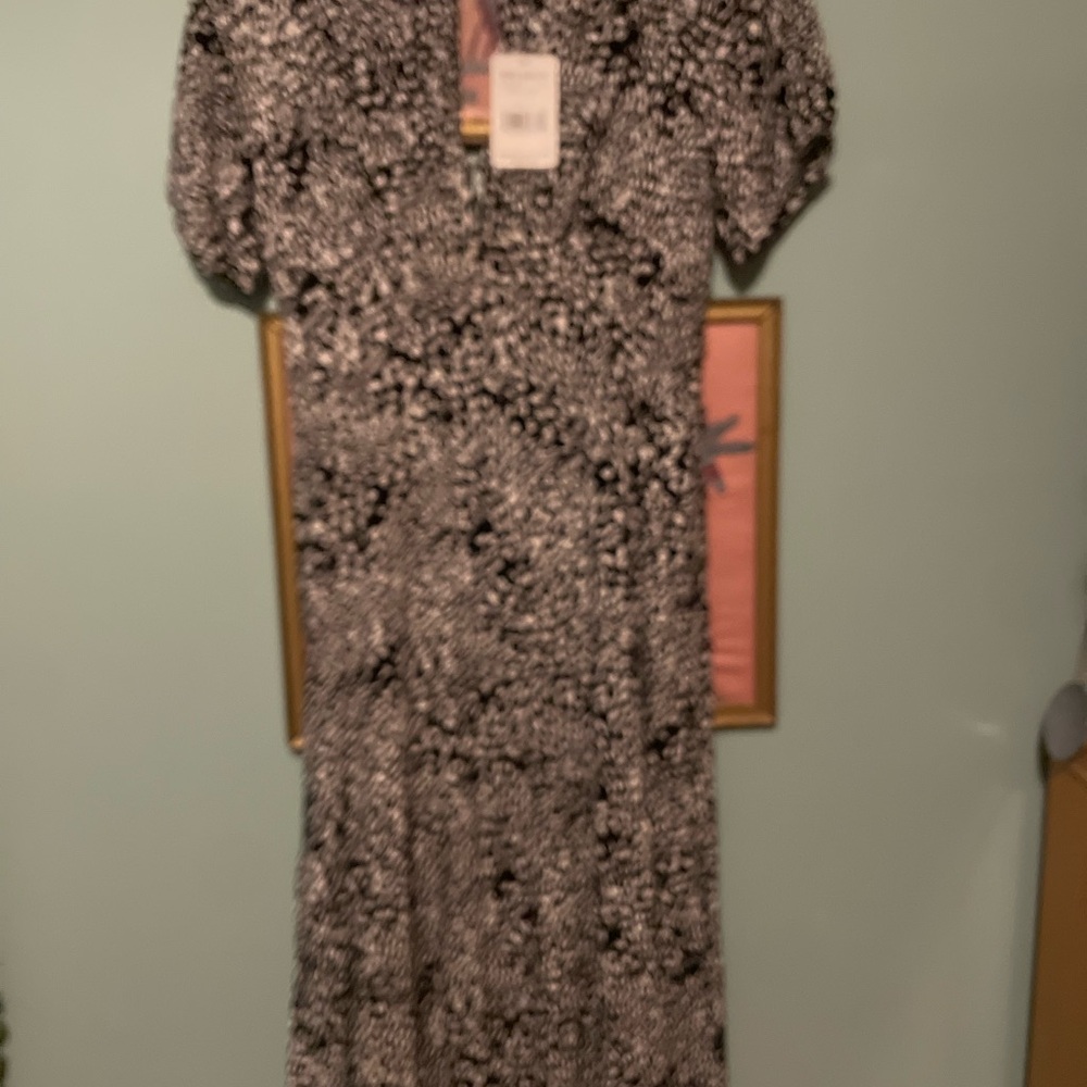 Free People Black and White Wrap Midi Dress with Puff Sleeves - Picture 4 of 8